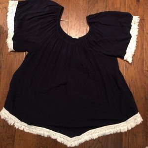 Navy Blue Angel-Wing Dress with Fringe